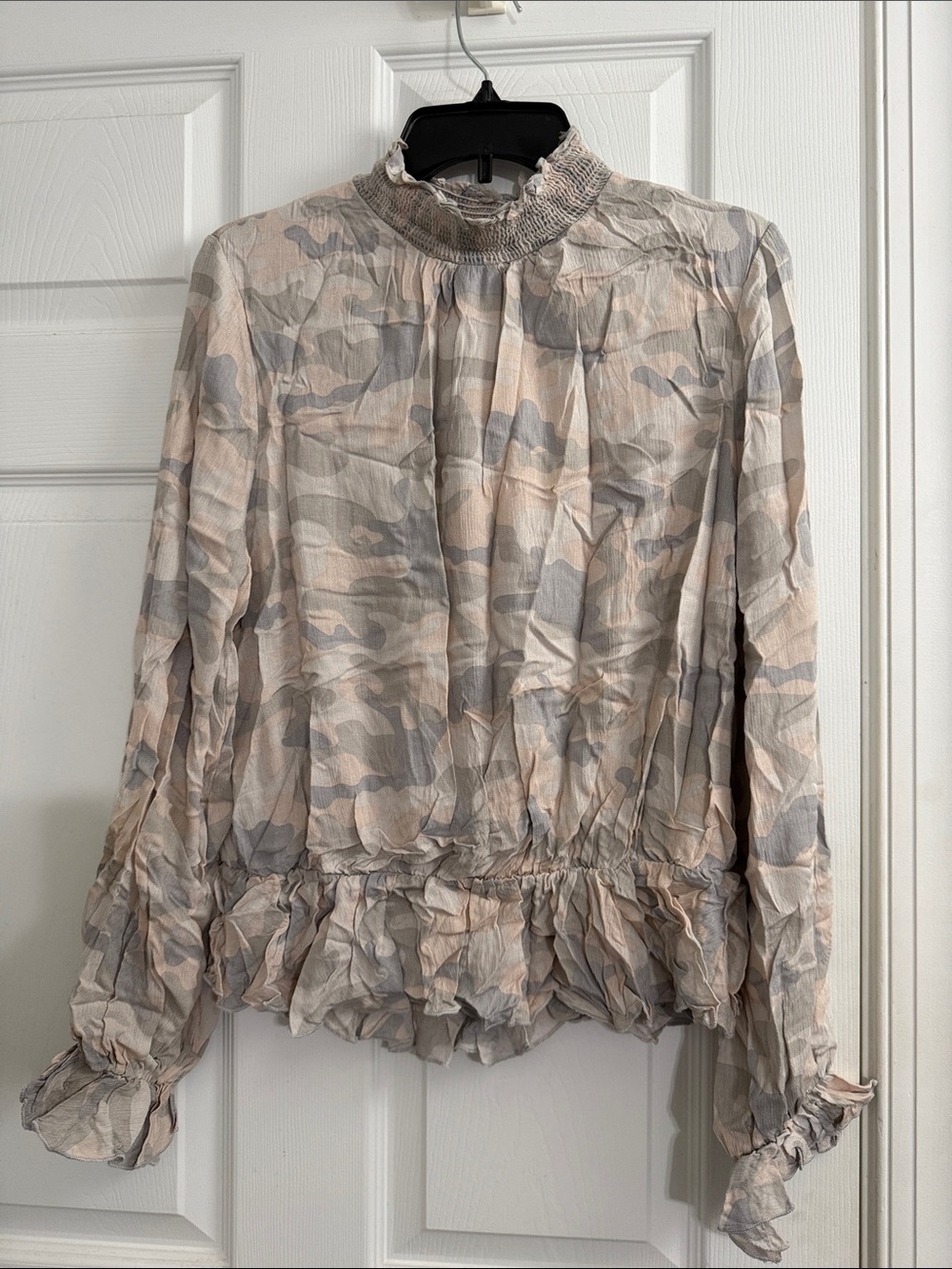 Smocked-Neck Ruffled Hem Camouflage Blouse - Neutral Tones
